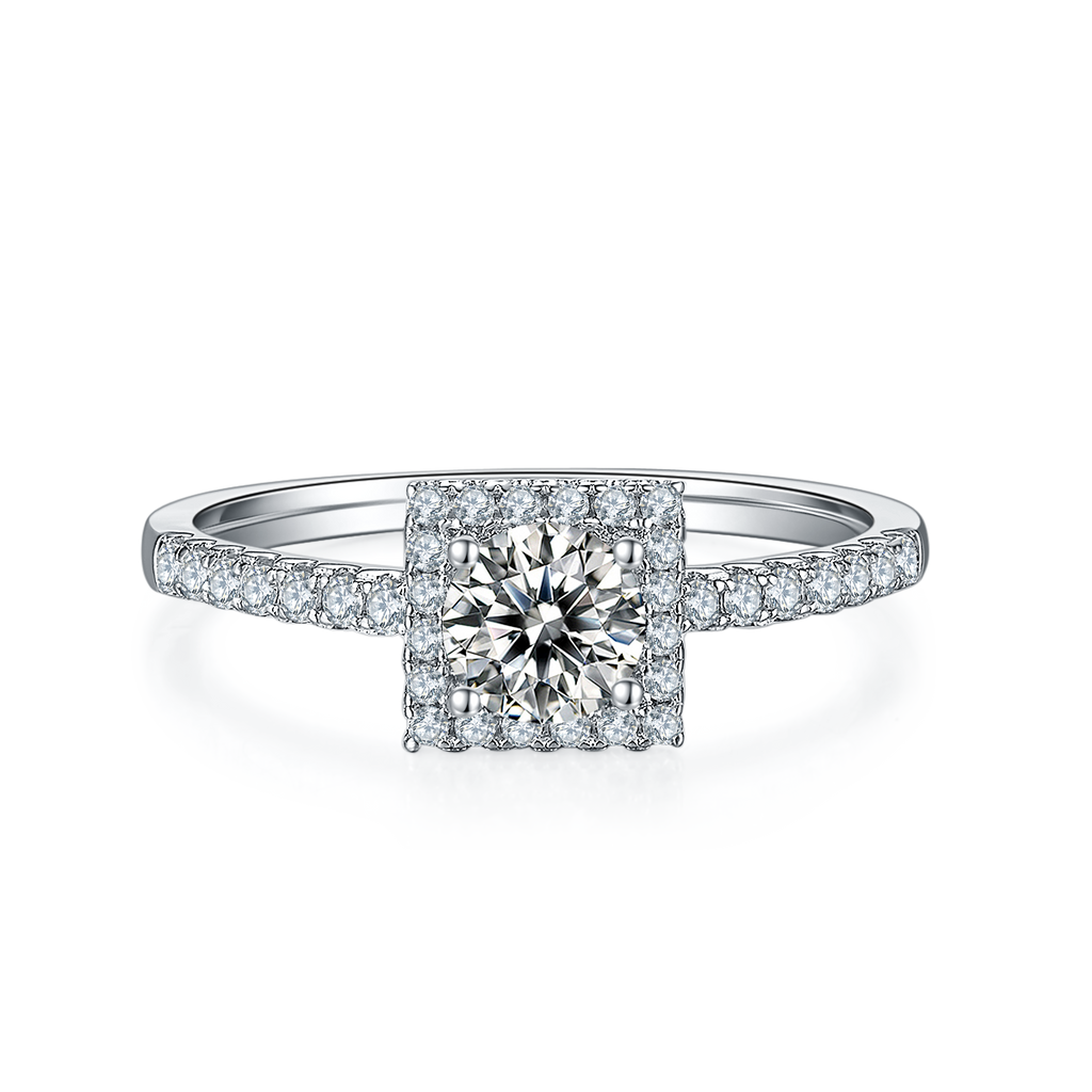 Square Halo Moissanite Diamond Ring in 925 Sterling Silver with White Gold Plating - 0.5ct