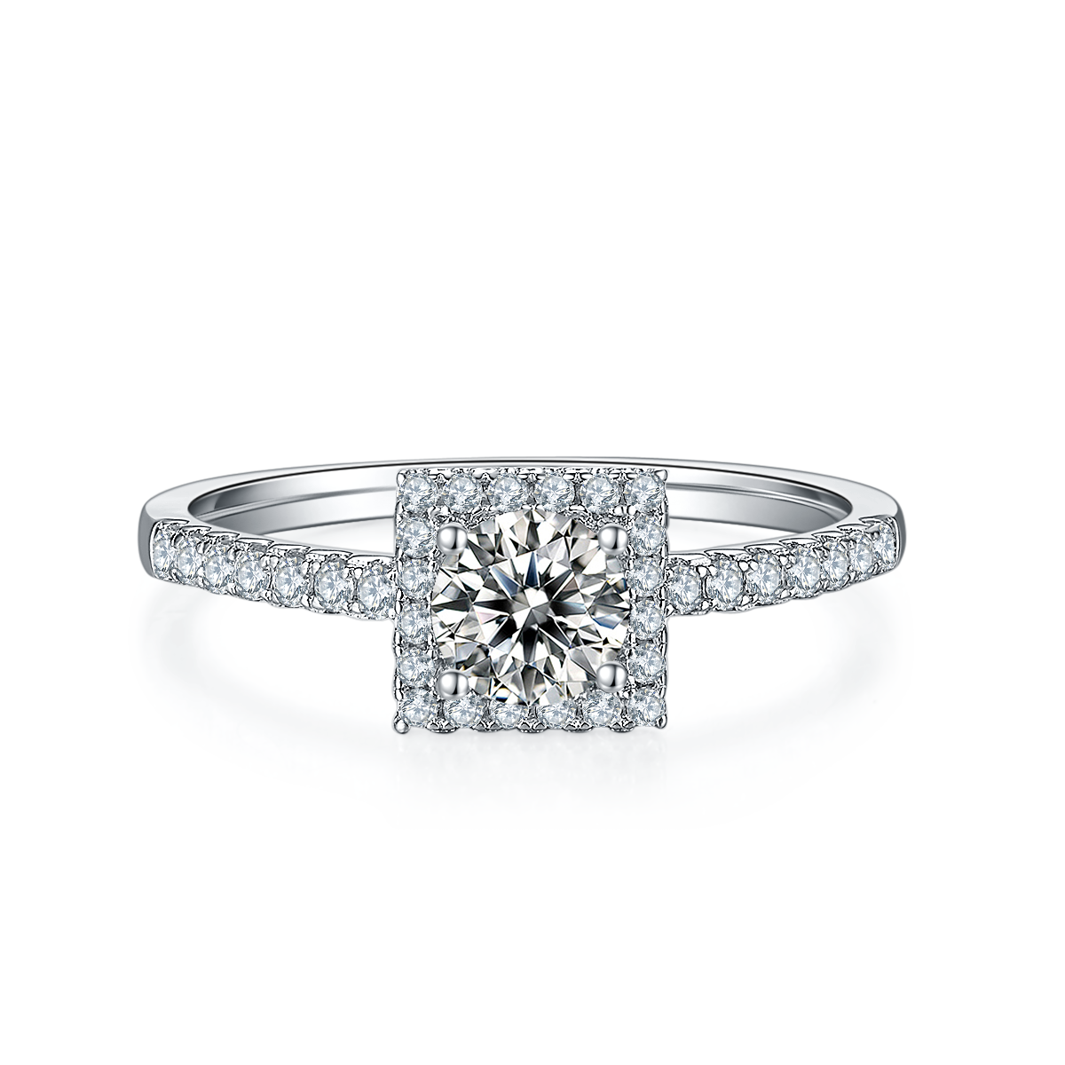 Square Halo Moissanite Diamond Ring in 925 Sterling Silver with White Gold Plating - 0.5ct