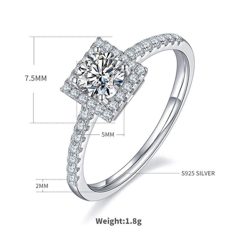 Square Halo Moissanite Diamond Ring in 925 Sterling Silver with White Gold Plating - 0.5ct
