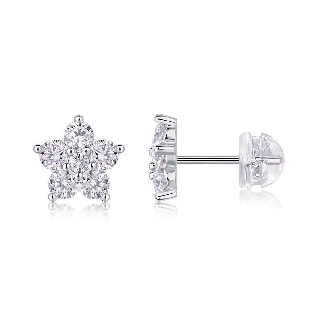 Floral Moissanite Stud Earrings 18K White Gold Plated, Sterling Silver