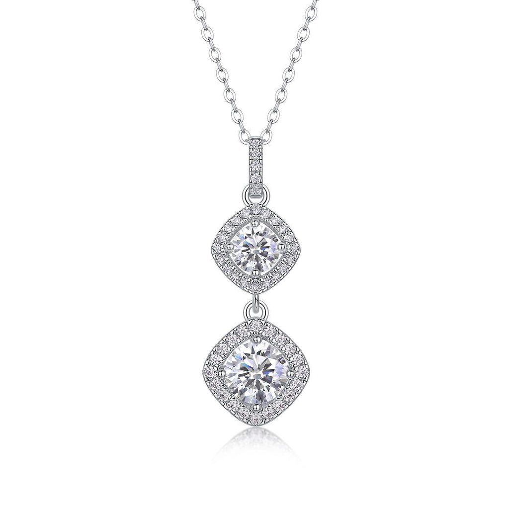 Moissanite Geometric Drop Pendant - Sterling Silver, White Gold Finish