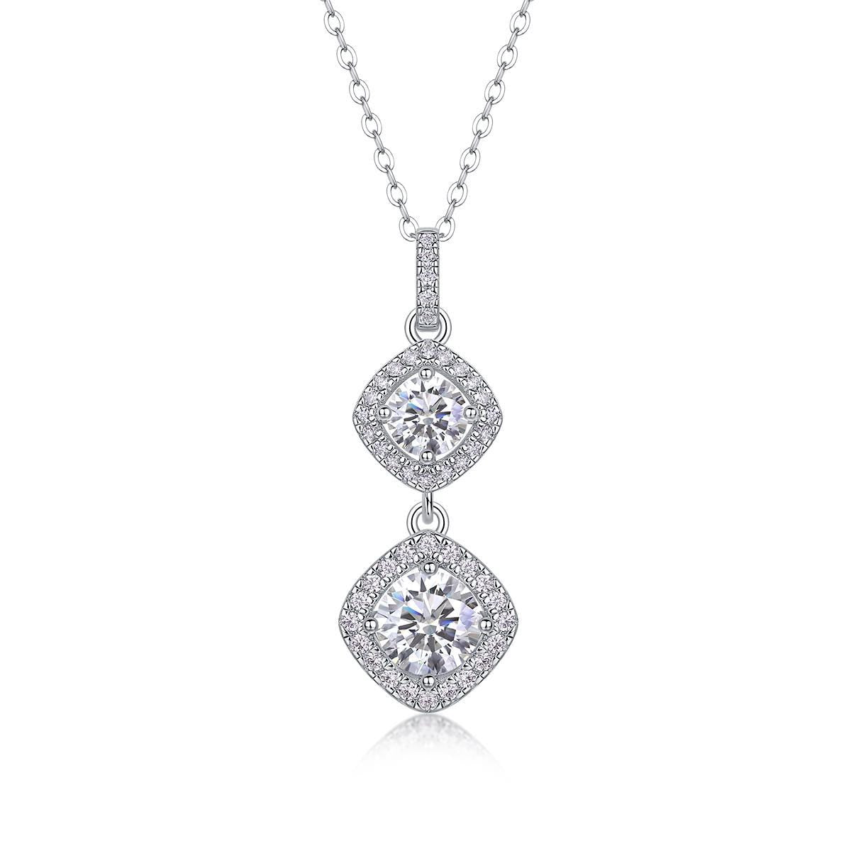 Moissanite Geometric Drop Pendant - Sterling Silver, White Gold Finish