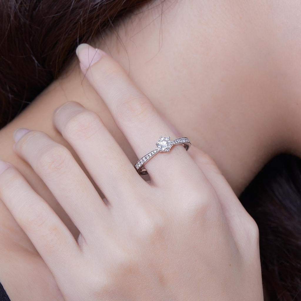 Micro-Pavé Moissanite Solitaire Ring in 925 Sterling Silver with White Gold Plating -0.5 ct