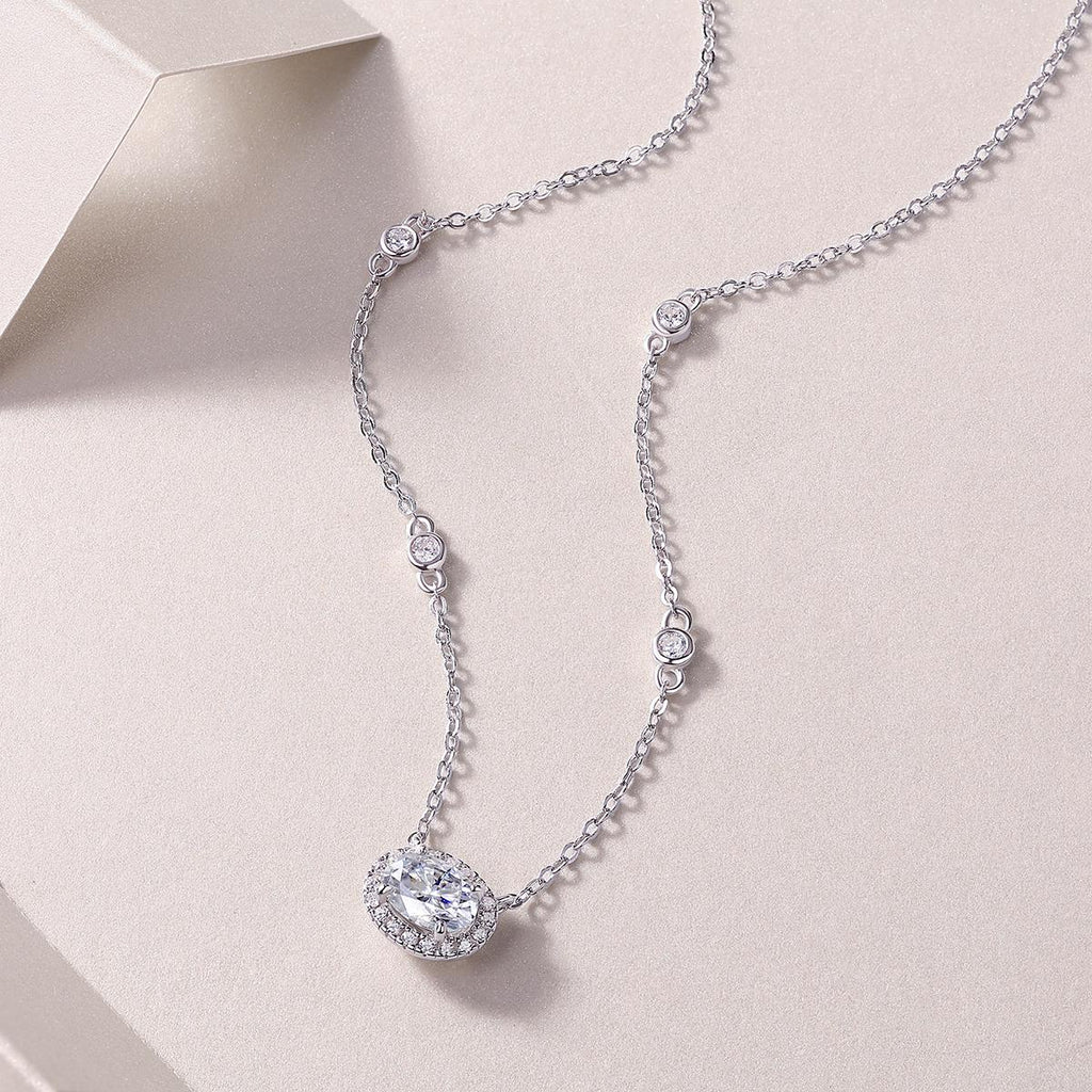 Oval Moissanite Pendant Necklace in 925 Sterling Silver with White Gold Plating - 1.0 ct