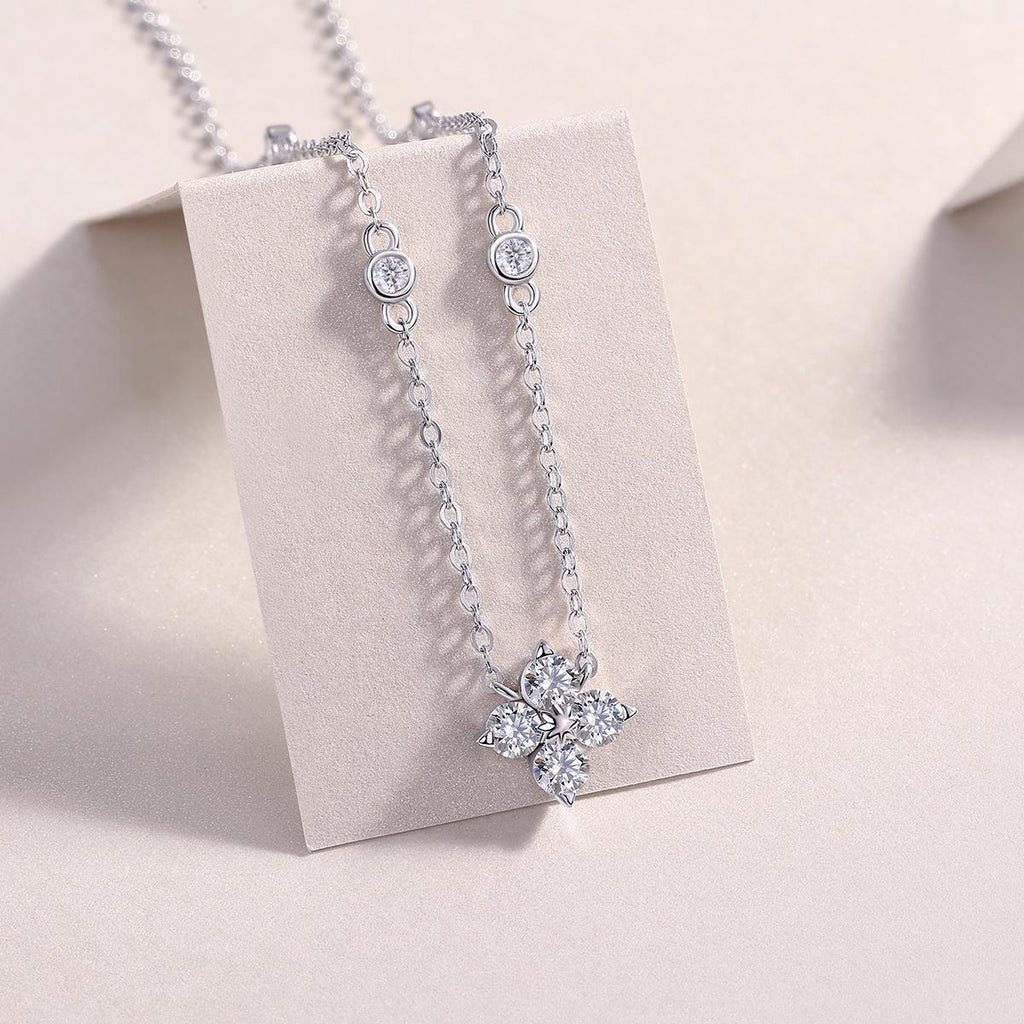 Moissanite Clover Necklace - Sterling Silver, 18K White Gold Plated