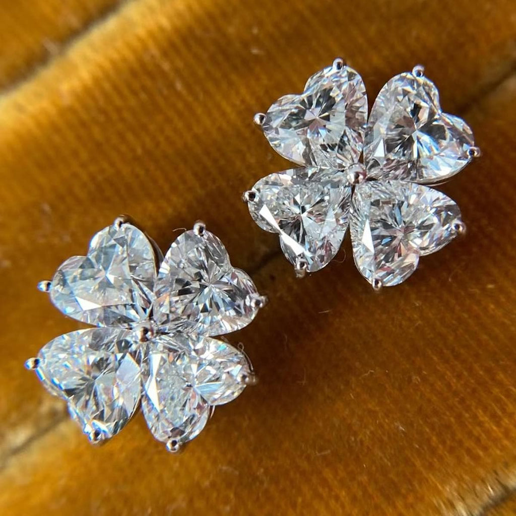 Heart‑Shaped Clover Moissanite Stud Earrings in 925 Sterling Silver with 18K Gold Plating – 2.4 ct