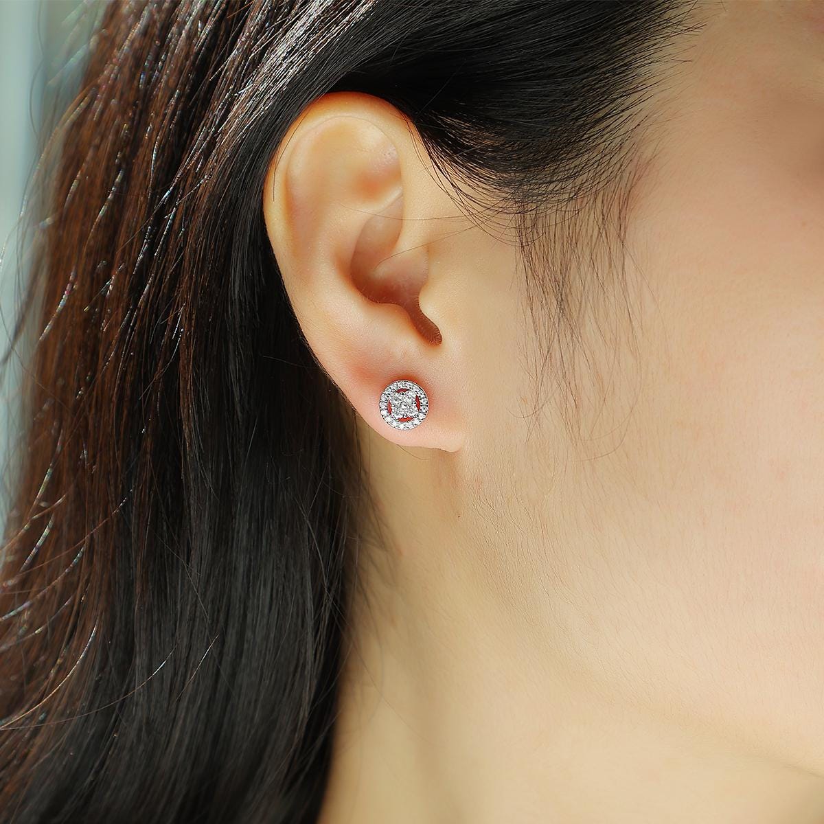 Halo Moissanite Stud Earrings, 18K White Gold Plated Sterling Silver