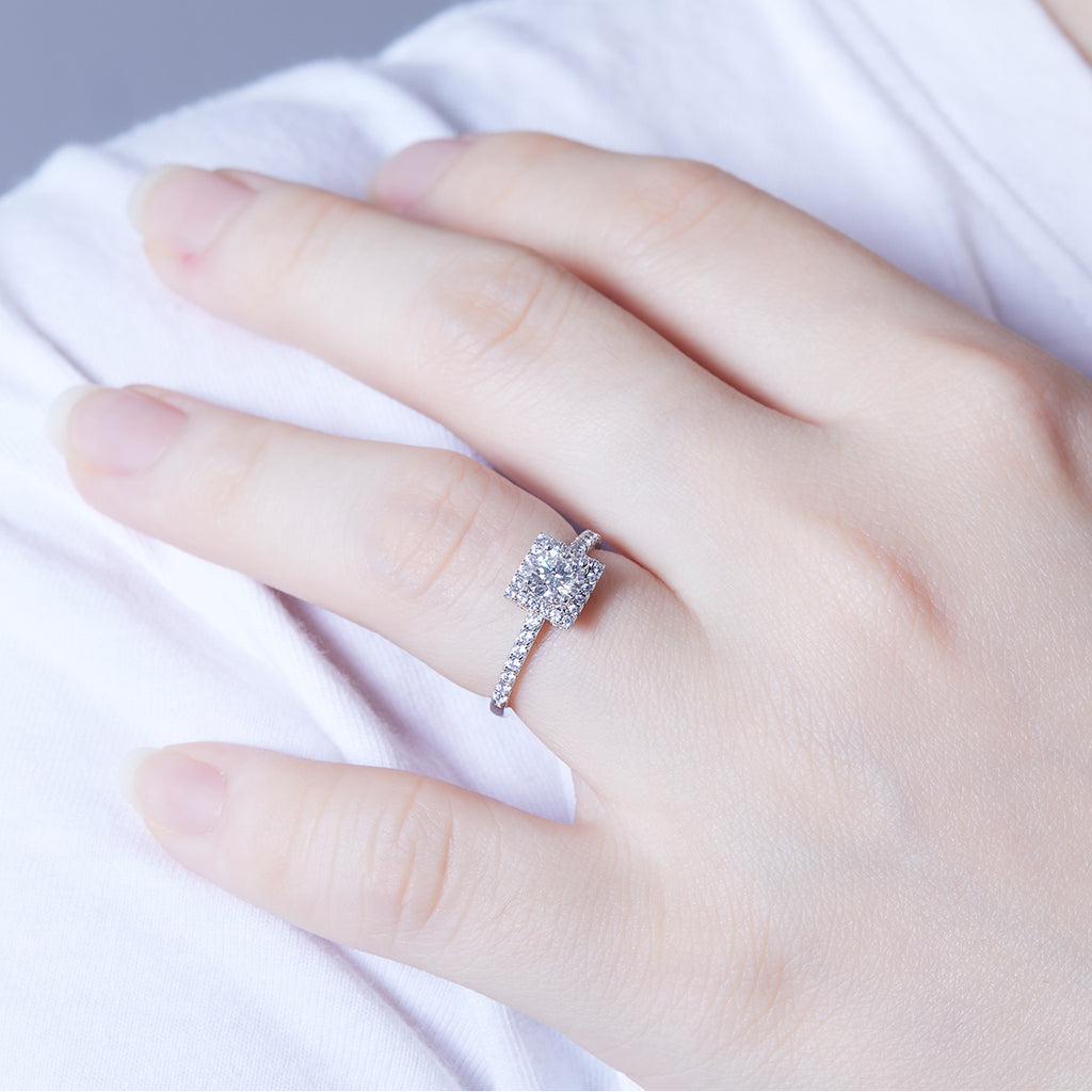 Square Halo Moissanite Diamond Ring in 925 Sterling Silver with White Gold Plating - 0.5ct
