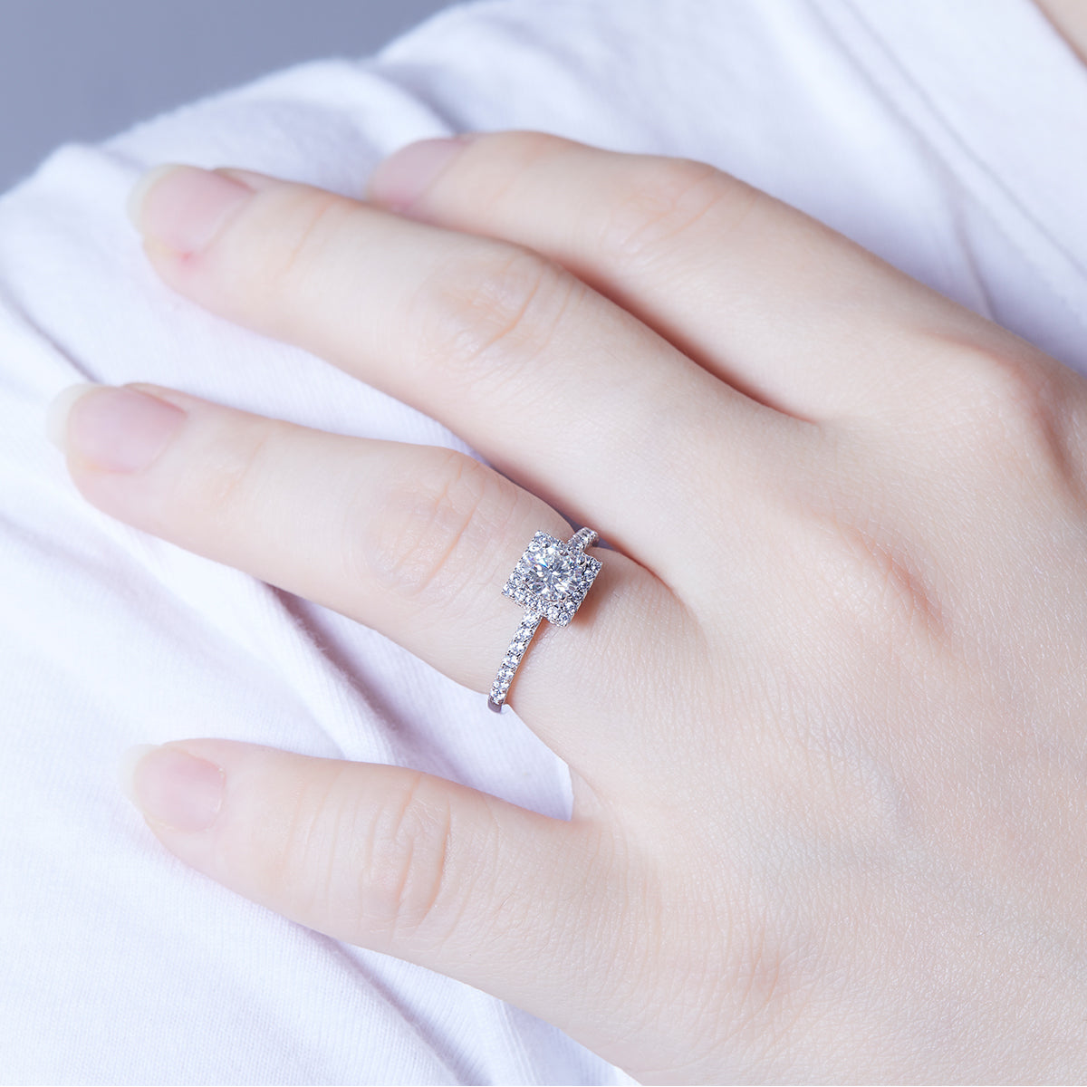 Square Halo Moissanite Diamond Ring in 925 Sterling Silver with White Gold Plating - 0.5ct