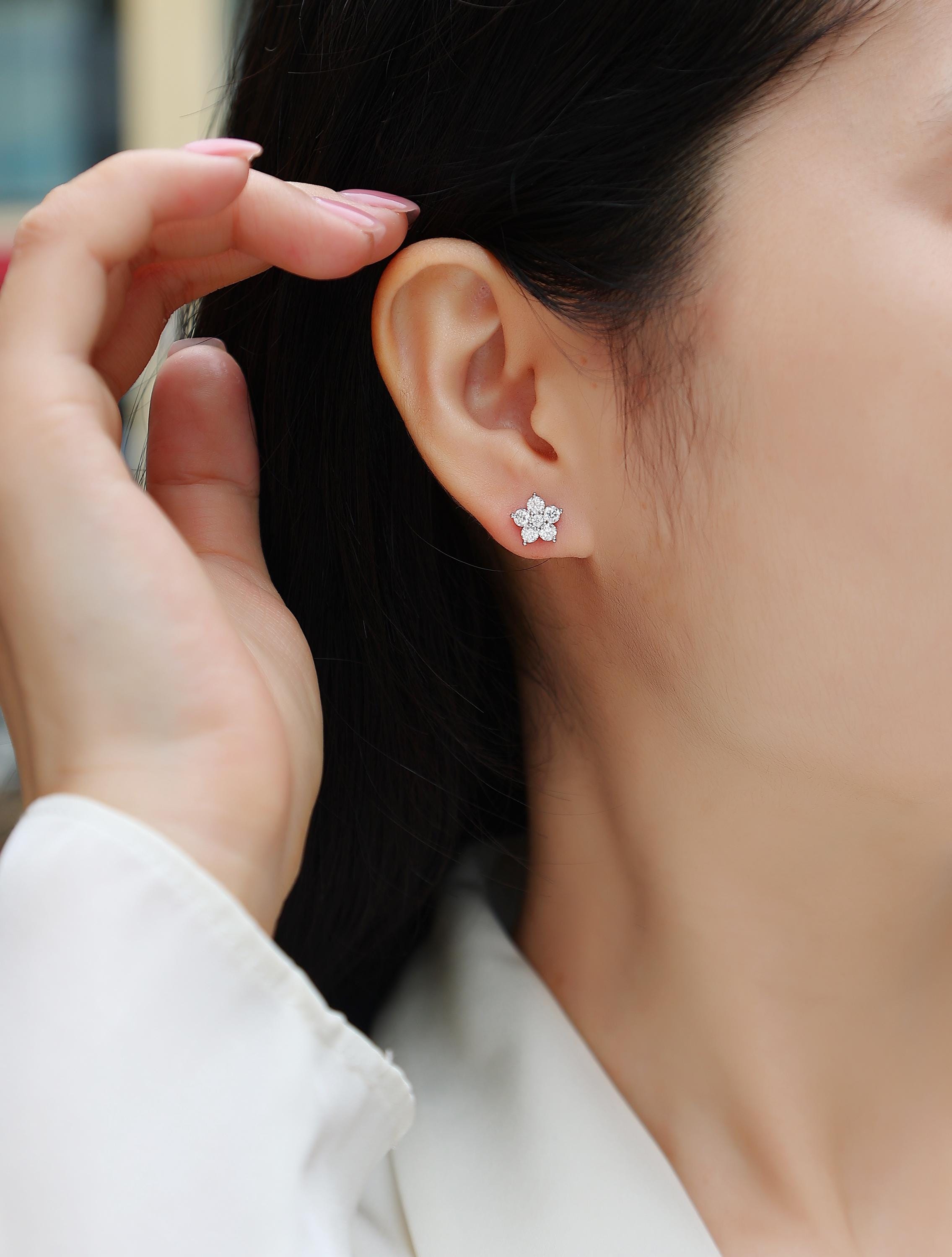 Floral Moissanite Stud Earrings 18K White Gold Plated, Sterling Silver