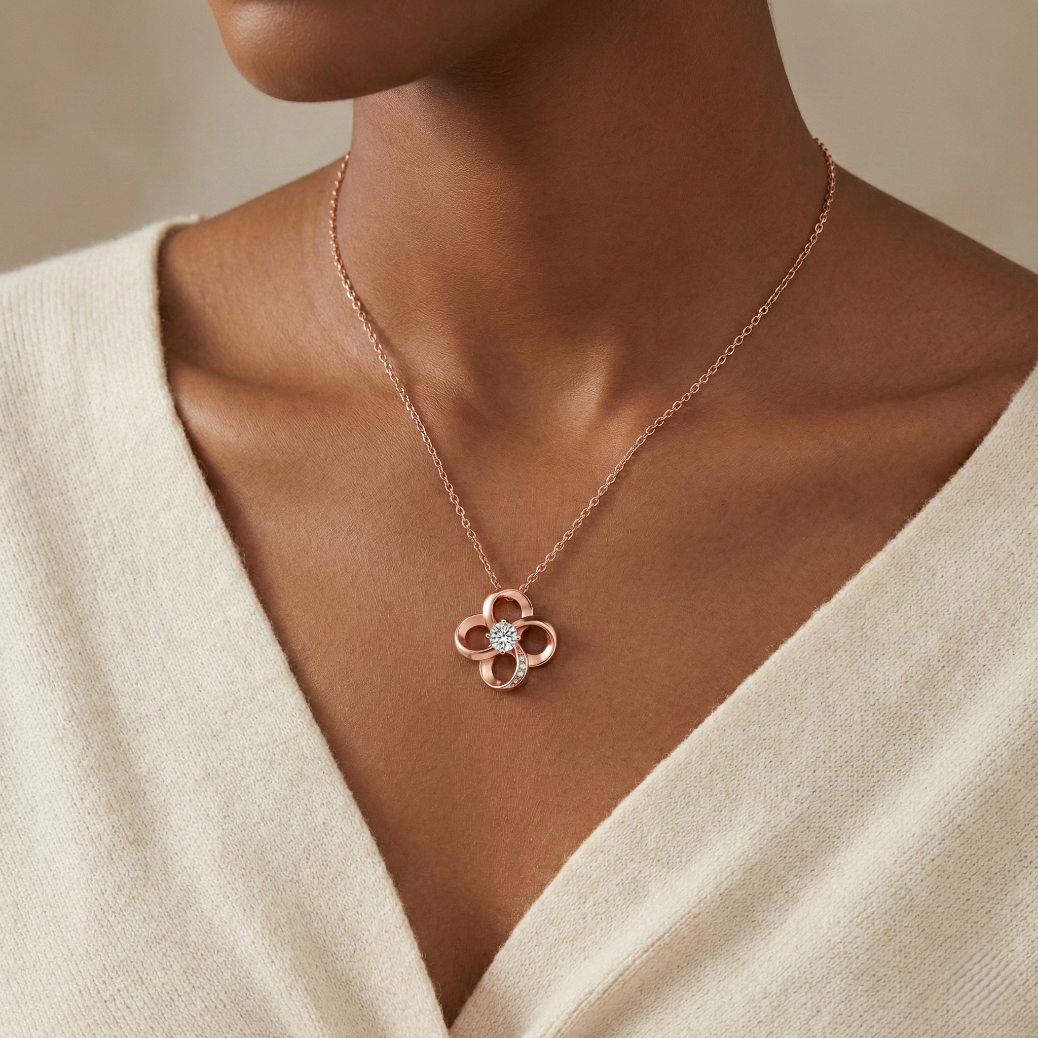 Four‑Leaf Clover Moissanite Necklace in 925 Sterling Silver with Rose Gold Plating – 0.3 ct