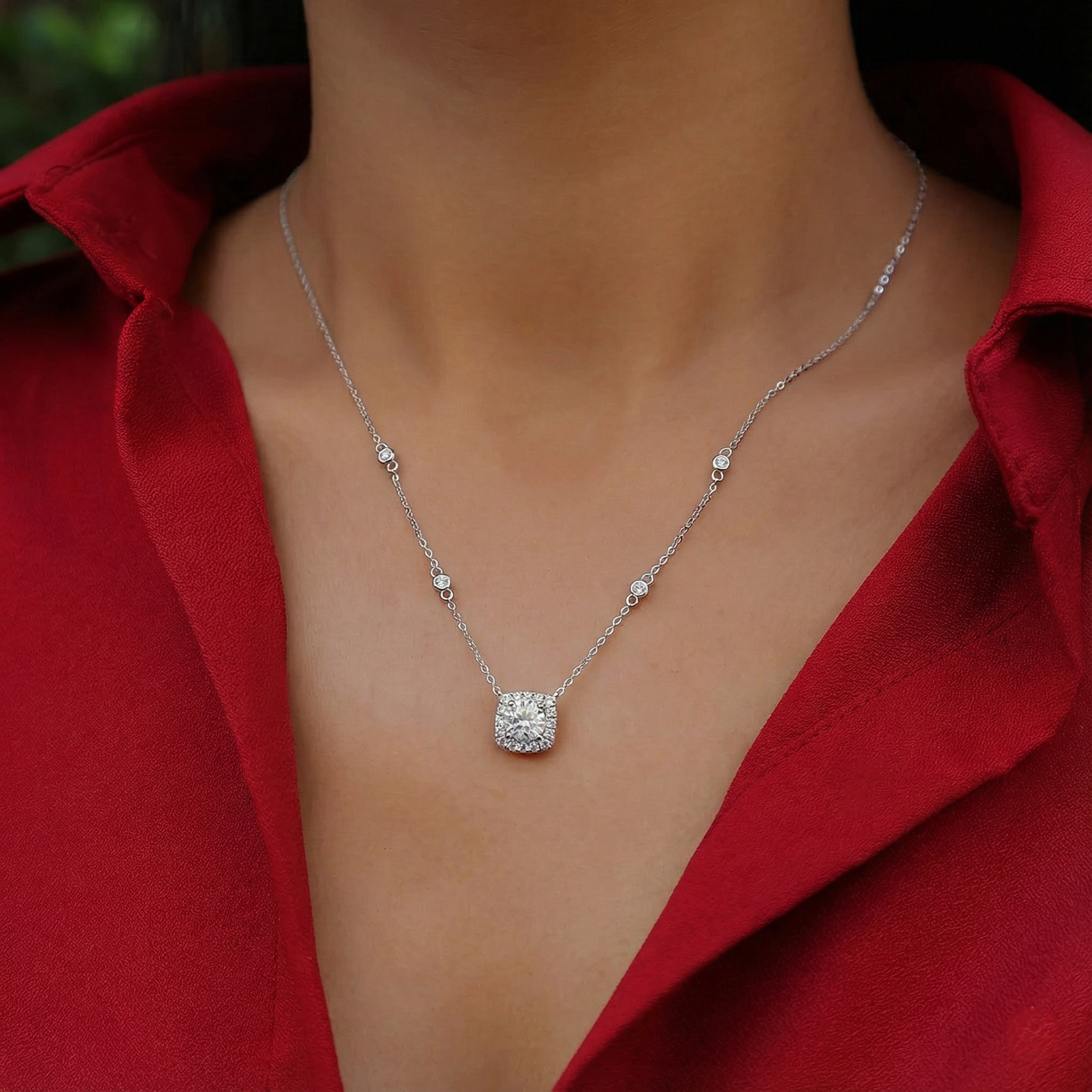 Cushion Cut Moissanite Pendant Necklace in 925 Sterling Silver with White Gold Plating – 1.0 ct