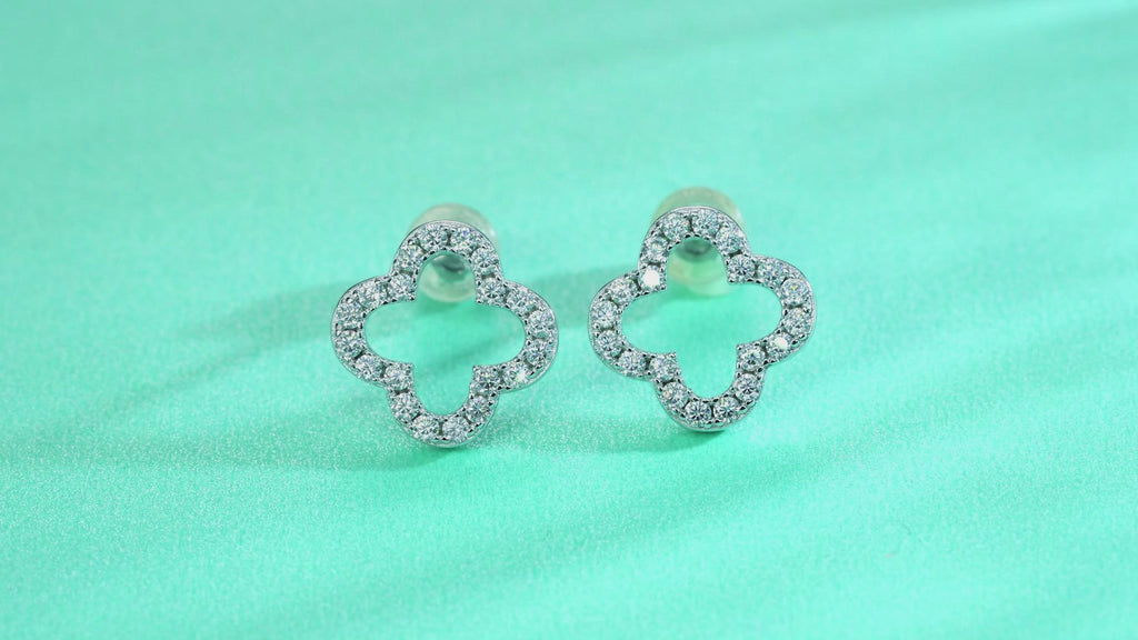 Four‑Leaf Clover Moissanite Stud Earrings in 925 Sterling Silver with 18K White Gold Plating
