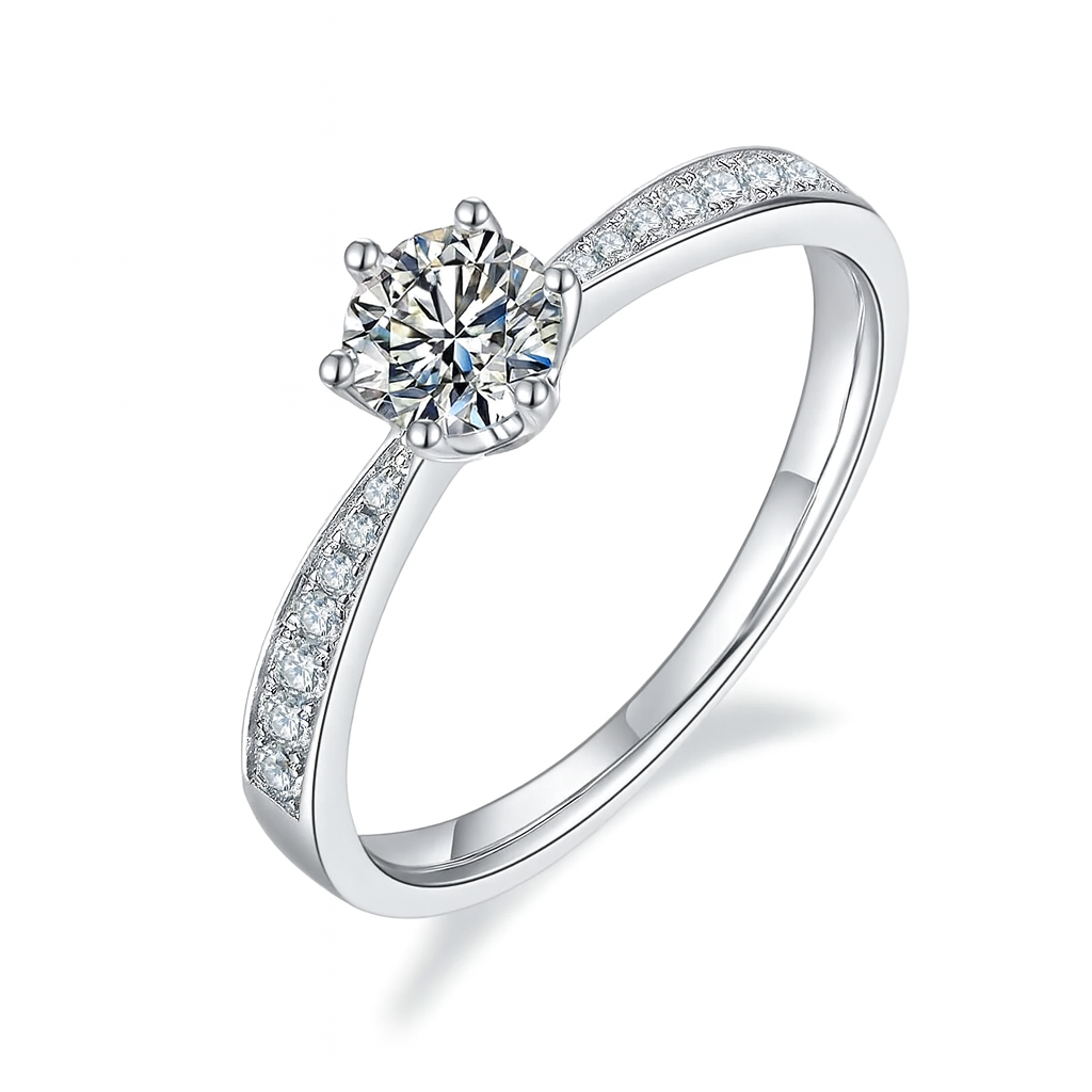 Micro-Pavé Moissanite Solitaire Ring in 925 Sterling Silver with White Gold Plating -0.5 ct